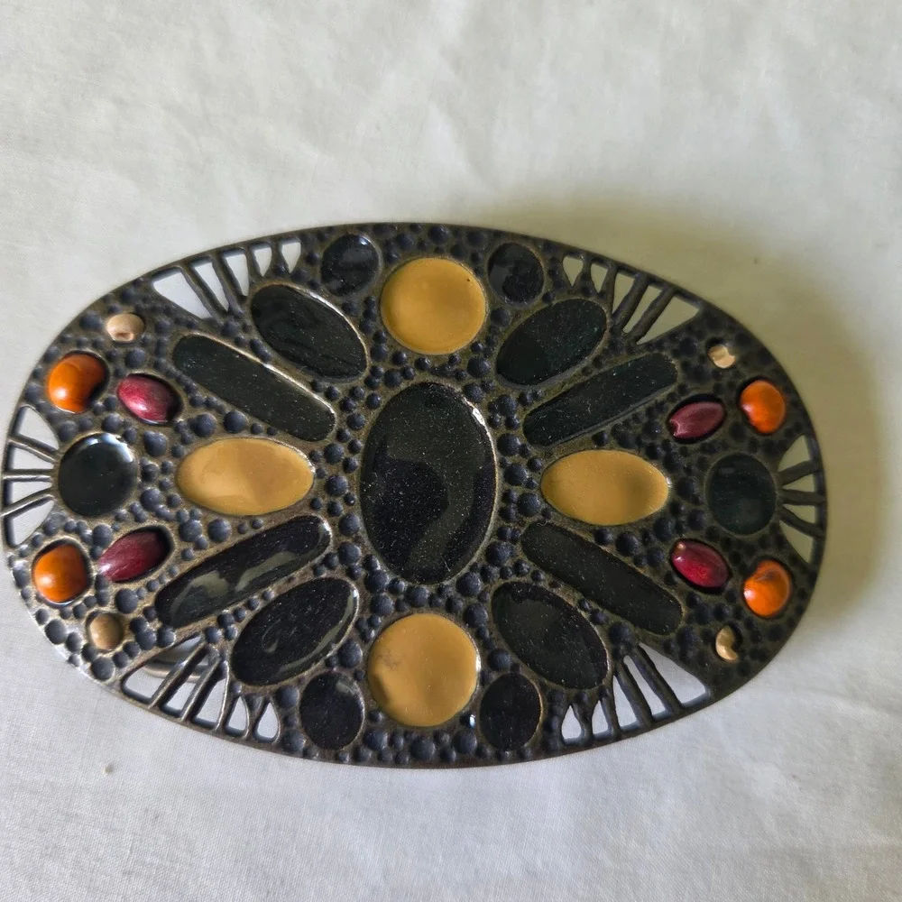 Vintage Boho Enamel Mosaic Oval Belt Buckle Bronze Tone Filigree Western